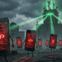 Cette image saisissante illustre une armée de smartphones "zombies", leurs écrans craquelés affichant des lignes de code malveillantes, marchant sous le contrôle d'une tour d'émission imposante.