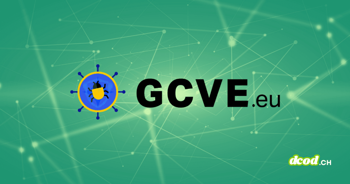 Logo officiel de GCVE.eu représentant un insecte (bug) dans un bouclier bleu sur un fond de réseau vert, avec le filigrane du média d'information cybersécurité dcod.ch.