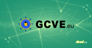 Logo officiel de GCVE.eu représentant un insecte (bug) dans un bouclier bleu sur un fond de réseau vert, avec le filigrane du média d'information cybersécurité dcod.ch.