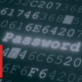 Logo rouge de LastPass et mot "Password" en surbrillance sur un fond de code hexadécimal et alphanumérique, illustrant la cybersécurité et la gestion des mots de passe.
