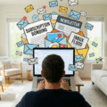 Vue de dos d'une personne travaillant sur un ordinateur portable dans un salon lumineux, illustrant une attaque de Subscription Bombing avec une nuée d'icônes d'emails et de formulaires de newsletters submergeant l'écran.