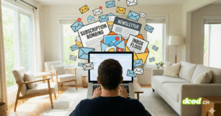 Vue de dos d'une personne travaillant sur un ordinateur portable dans un salon lumineux, illustrant une attaque de Subscription Bombing avec une nuée d'icônes d'emails et de formulaires de newsletters submergeant l'écran.