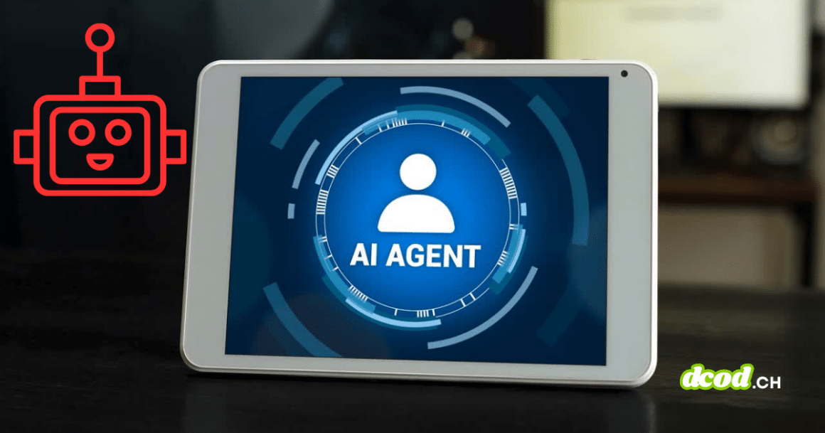 Illustration d'un AI Agent sur une tablette avec le logo de dcod.ch. Visuel traitant des vulnérabilités de données personnelles via les agents intelligents Moltbot et OpenClaw.