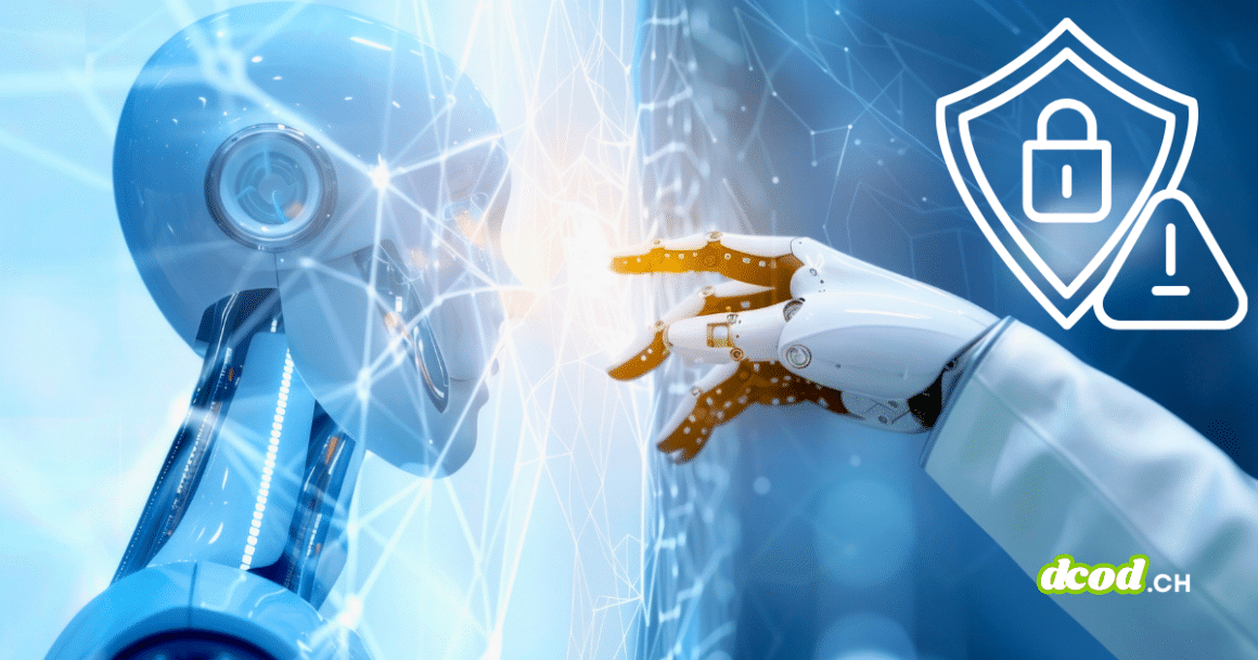 Illustration conceptuelle montrant un robot futuriste face à une main robotique (OpenClaw et Moltbook) touchant un réseau numérique, avec une icône de bouclier de sécurité et un avertissement, symbolisant l'accès total des agents IA aux systèmes hôtes.