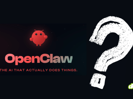 Logo de l'IA OpenClaw avec un personnage rouge et un grand point d'interrogation blanc sur fond noir, illustrant les enjeux de sécurité des agents autonomes.