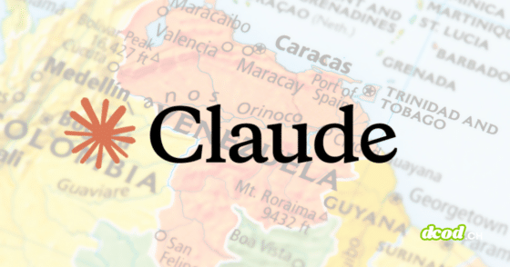 Montage graphique montrant le logo orange d'Anthropic et le nom « Claude » en noir placés au-dessus d'une carte de l'Amérique du Sud centrée sur le Venezuela, incluant le logo du média DCOD.