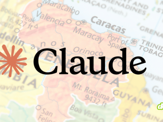 Montage graphique montrant le logo orange d'Anthropic et le nom « Claude » en noir placés au-dessus d'une carte de l'Amérique du Sud centrée sur le Venezuela, incluant le logo du média DCOD.