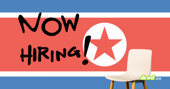 Illustration montrant le drapeau de la Corée du Nord avec l'inscription manuscrite « NOW HIRING ! » et une chaise vide, symbolisant les fausses offres d'emploi du groupe Lazarus.
