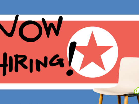Illustration montrant le drapeau de la Corée du Nord avec l'inscription manuscrite « NOW HIRING ! » et une chaise vide, symbolisant les fausses offres d'emploi du groupe Lazarus.