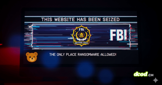 Écran affichant la bannière officielle du FBI annonçant la saisie du forum RAMP. L'image montre le slogan "The only place ransomware allowed" et un ours de dessin animé faisant un clin d'œil ironique.
