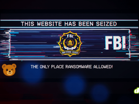 Écran affichant la bannière officielle du FBI annonçant la saisie du forum RAMP. L'image montre le slogan "The only place ransomware allowed" et un ours de dessin animé faisant un clin d'œil ironique.