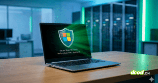 Ordinateur portable affichant un bouclier de protection avec le logo Microsoft et l'inscription Secure Boot lors du démarrage, dans un environnement de bureau moderne.