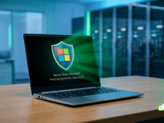 Ordinateur portable affichant un bouclier de protection avec le logo Microsoft et l'inscription Secure Boot lors du démarrage, dans un environnement de bureau moderne.