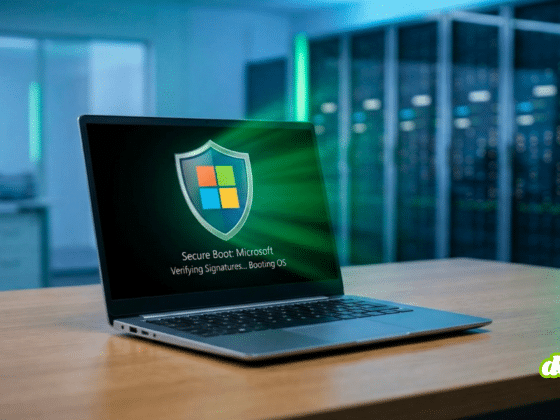 Ordinateur portable affichant un bouclier de protection avec le logo Microsoft et l'inscription Secure Boot lors du démarrage, dans un environnement de bureau moderne.