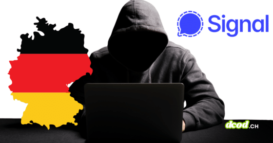 Illustration montrant un hacker encapuchonné devant un ordinateur, entouré de la carte de l'Allemagne aux couleurs du drapeau et du logo de l'application Signal.