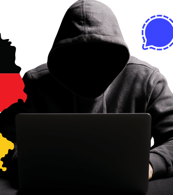 Illustration montrant un hacker encapuchonné devant un ordinateur, entouré de la carte de l'Allemagne aux couleurs du drapeau et du logo de l'application Signal.