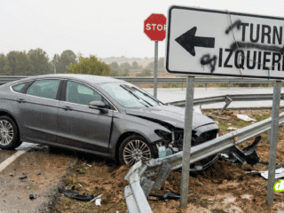 Une voiture autonome grise sans marque identifiable accidentée contre une glissière de sécurité tordue et arrachée sur le bord d'une route mouillée. Au premier plan, un panneau de signalisation blanc pirate affiche l'instruction contradictoire en spanglish « TURN IZQUIERDO » avec une flèche vers la gauche, tandis qu'un panneau STOP réglementaire est visible en arrière-plan, illustrant une erreur de trajectoire causée par une injection de prompt physique.