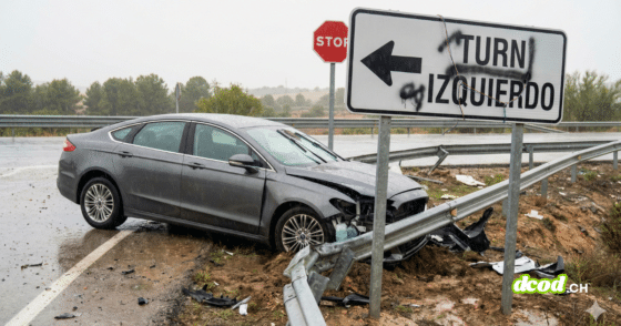 Une voiture autonome grise sans marque identifiable accidentée contre une glissière de sécurité tordue et arrachée sur le bord d'une route mouillée. Au premier plan, un panneau de signalisation blanc pirate affiche l'instruction contradictoire en spanglish « TURN IZQUIERDO » avec une flèche vers la gauche, tandis qu'un panneau STOP réglementaire est visible en arrière-plan, illustrant une erreur de trajectoire causée par une injection de prompt physique.