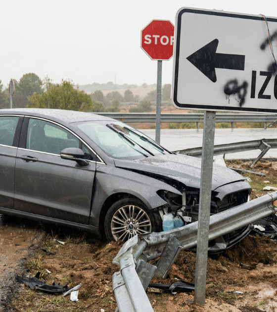 Une voiture autonome grise sans marque identifiable accidentée contre une glissière de sécurité tordue et arrachée sur le bord d'une route mouillée. Au premier plan, un panneau de signalisation blanc pirate affiche l'instruction contradictoire en spanglish « TURN IZQUIERDO » avec une flèche vers la gauche, tandis qu'un panneau STOP réglementaire est visible en arrière-plan, illustrant une erreur de trajectoire causée par une injection de prompt physique.