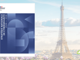 Couverture du document officiel de la Stratégie nationale de cybersécurité 2026-2030 de la France, superposée sur un fond montrant la Tour Eiffel et le logo dcod.ch.