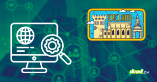 Graphisme conceptuel illustrant les nouvelles mesures de surveillance numérique en Irlande : icônes de monitoring technique, carte stylisée de l'Irlande et réseau de connexions cryptées. Logo DCOD en bas à droite.