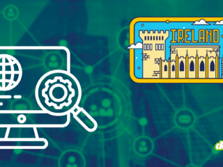 Graphisme conceptuel illustrant les nouvelles mesures de surveillance numérique en Irlande : icônes de monitoring technique, carte stylisée de l'Irlande et réseau de connexions cryptées. Logo DCOD en bas à droite.