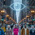 Surveillance de masse par IA aux USA : reconnaissance faciale et caméras de sécurité dans une rue urbaine avec une population diversifiée, concept de fin de la vie privée et de contrôle numérique.