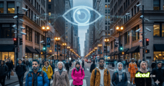 Surveillance de masse par IA aux USA : reconnaissance faciale et caméras de sécurité dans une rue urbaine avec une population diversifiée, concept de fin de la vie privée et de contrôle numérique.