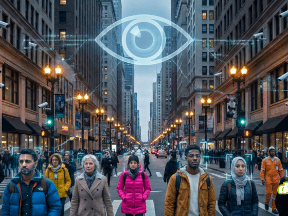 Surveillance de masse par IA aux USA : reconnaissance faciale et caméras de sécurité dans une rue urbaine avec une population diversifiée, concept de fin de la vie privée et de contrôle numérique.