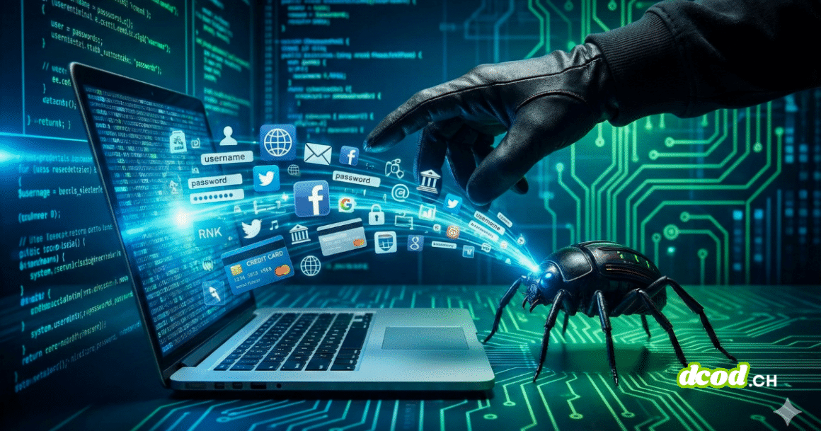 Représentation graphique d'un malware de type infostealer (imagé par un insecte mécanique) siphonnant des mots de passe, identifiants et données bancaires depuis un ordinateur portable.