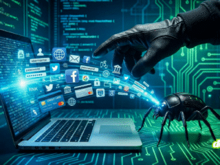 Représentation graphique d'un malware de type infostealer (imagé par un insecte mécanique) siphonnant des mots de passe, identifiants et données bancaires depuis un ordinateur portable.