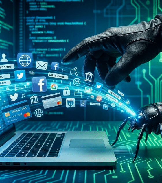 Représentation graphique d'un malware de type infostealer (imagé par un insecte mécanique) siphonnant des mots de passe, identifiants et données bancaires depuis un ordinateur portable.