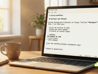 Un ordinateur portable ouvert sur un bureau en bois affichant l'application Bloc-notes (Notepad) avec du texte formaté en Markdown, à côté d'une tasse de café dans un cadre lumineux.