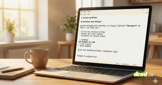 Un ordinateur portable ouvert sur un bureau en bois affichant l'application Bloc-notes (Notepad) avec du texte formaté en Markdown, à côté d'une tasse de café dans un cadre lumineux.