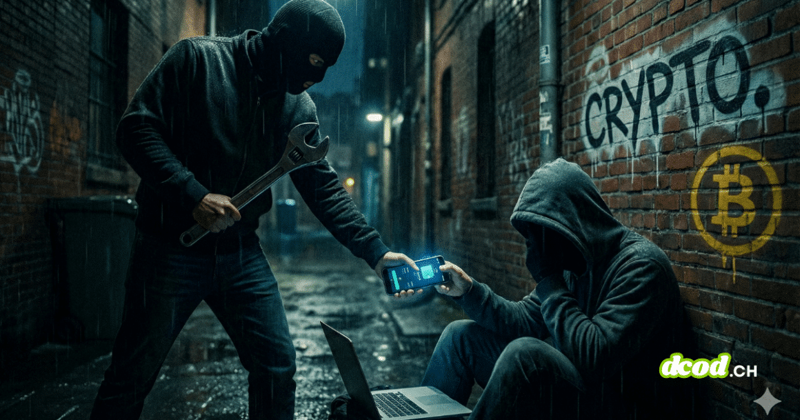 Représentation visuelle d'une 'wrench attack' crypto : un agresseur armé force une victime à effectuer un transfert de fonds numériques via un téléphone mobile dans une ruelle la nuit.