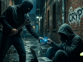 Représentation visuelle d'une 'wrench attack' crypto : un agresseur armé force une victime à effectuer un transfert de fonds numériques via un téléphone mobile dans une ruelle la nuit.