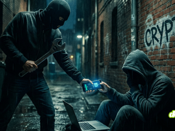 Représentation visuelle d'une 'wrench attack' crypto : un agresseur armé force une victime à effectuer un transfert de fonds numériques via un téléphone mobile dans une ruelle la nuit.