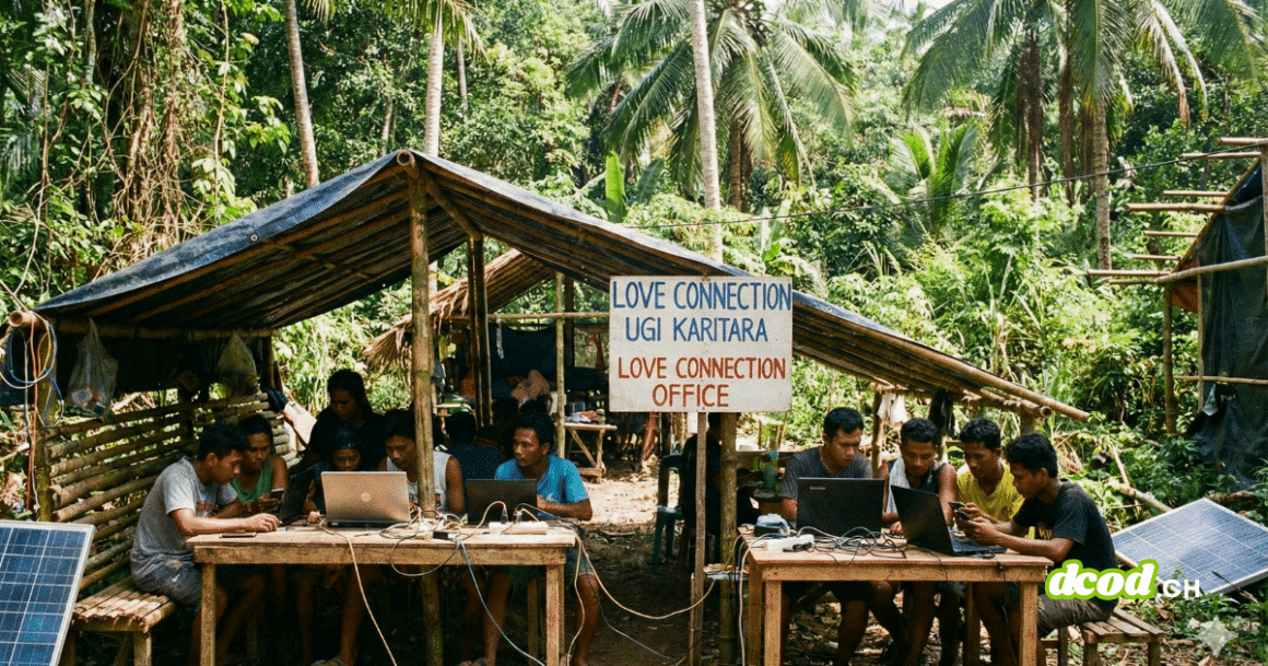 photographie montrant un groupe d'hommes travaillant sur des ordinateurs portables sous un abri de fortune en bambou, situé dans une jungle dense. un panneau visible indique "LOVE CONNECTION OFFICE". cette image illustre un centre clandestin d'opérations de type pig butchering, où des escroqueries sentimentales sont menées en ligne.