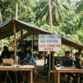 photographie montrant un groupe d'hommes travaillant sur des ordinateurs portables sous un abri de fortune en bambou, situé dans une jungle dense. un panneau visible indique "LOVE CONNECTION OFFICE". cette image illustre un centre clandestin d'opérations de type pig butchering, où des escroqueries sentimentales sont menées en ligne.