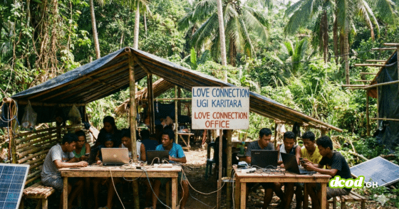 photographie montrant un groupe d'hommes travaillant sur des ordinateurs portables sous un abri de fortune en bambou, situé dans une jungle dense. un panneau visible indique "LOVE CONNECTION OFFICE". cette image illustre un centre clandestin d'opérations de type pig butchering, où des escroqueries sentimentales sont menées en ligne.
