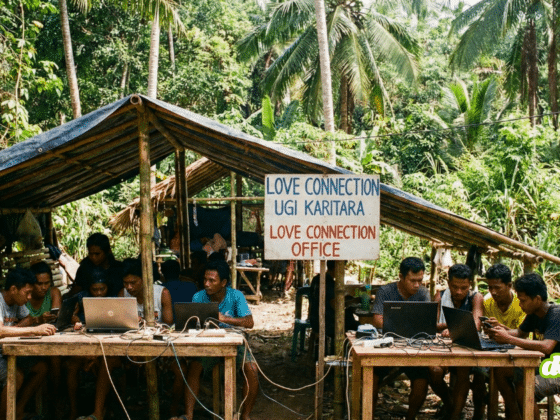 photographie montrant un groupe d'hommes travaillant sur des ordinateurs portables sous un abri de fortune en bambou, situé dans une jungle dense. un panneau visible indique "LOVE CONNECTION OFFICE". cette image illustre un centre clandestin d'opérations de type pig butchering, où des escroqueries sentimentales sont menées en ligne.