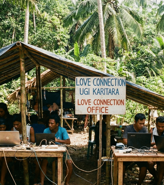 photographie montrant un groupe d'hommes travaillant sur des ordinateurs portables sous un abri de fortune en bambou, situé dans une jungle dense. un panneau visible indique "LOVE CONNECTION OFFICE". cette image illustre un centre clandestin d'opérations de type pig butchering, où des escroqueries sentimentales sont menées en ligne.