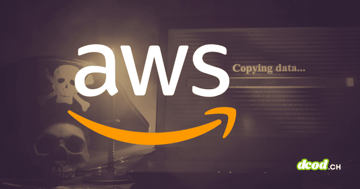 Illustration symbolique d'un piratage AWS assisté par IA montrant le logo Amazon Web Services devant un écran d'ordinateur affichant une barre de progression "Copying data" et un crâne de pirate.
