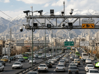 Une vue panoramique en hauteur de l'autoroute Modares à Téhéran, bondée de voitures. Un grand portique métallique traverse la route, supportant de nombreuses caméras de surveillance et radars de vitesse, avec la ville dense et des montagnes enneigées en arrière-plan.