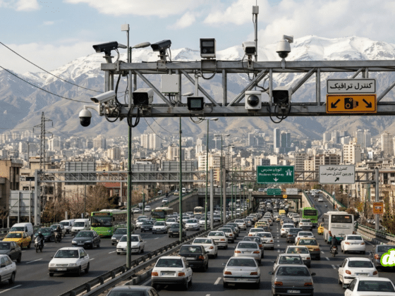 Une vue panoramique en hauteur de l'autoroute Modares à Téhéran, bondée de voitures. Un grand portique métallique traverse la route, supportant de nombreuses caméras de surveillance et radars de vitesse, avec la ville dense et des montagnes enneigées en arrière-plan.