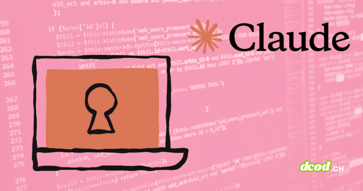 Illustration stylisée de Claude Code Security montrant un ordinateur portable avec un trou de serrure sur l'écran, sur fond de lignes de code informatique rose avec le logo Claude d'Anthropic.