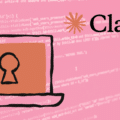 Illustration stylisée de Claude Code Security montrant un ordinateur portable avec un trou de serrure sur l'écran, sur fond de lignes de code informatique rose avec le logo Claude d'Anthropic.