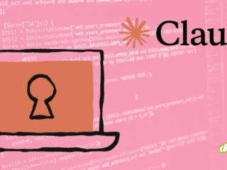 Illustration stylisée de Claude Code Security montrant un ordinateur portable avec un trou de serrure sur l'écran, sur fond de lignes de code informatique rose avec le logo Claude d'Anthropic.