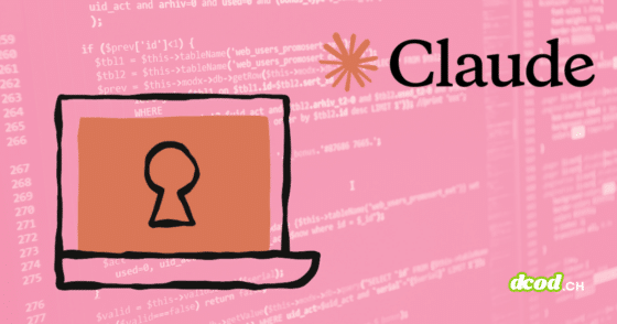 Illustration stylisée de Claude Code Security montrant un ordinateur portable avec un trou de serrure sur l'écran, sur fond de lignes de code informatique rose avec le logo Claude d'Anthropic.