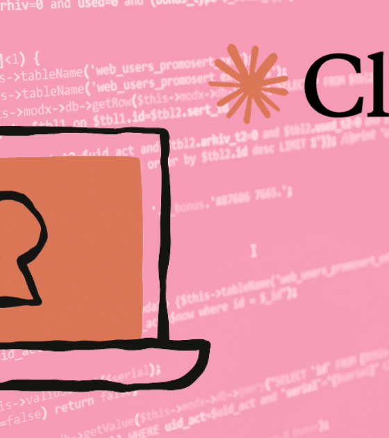 Illustration stylisée de Claude Code Security montrant un ordinateur portable avec un trou de serrure sur l'écran, sur fond de lignes de code informatique rose avec le logo Claude d'Anthropic.